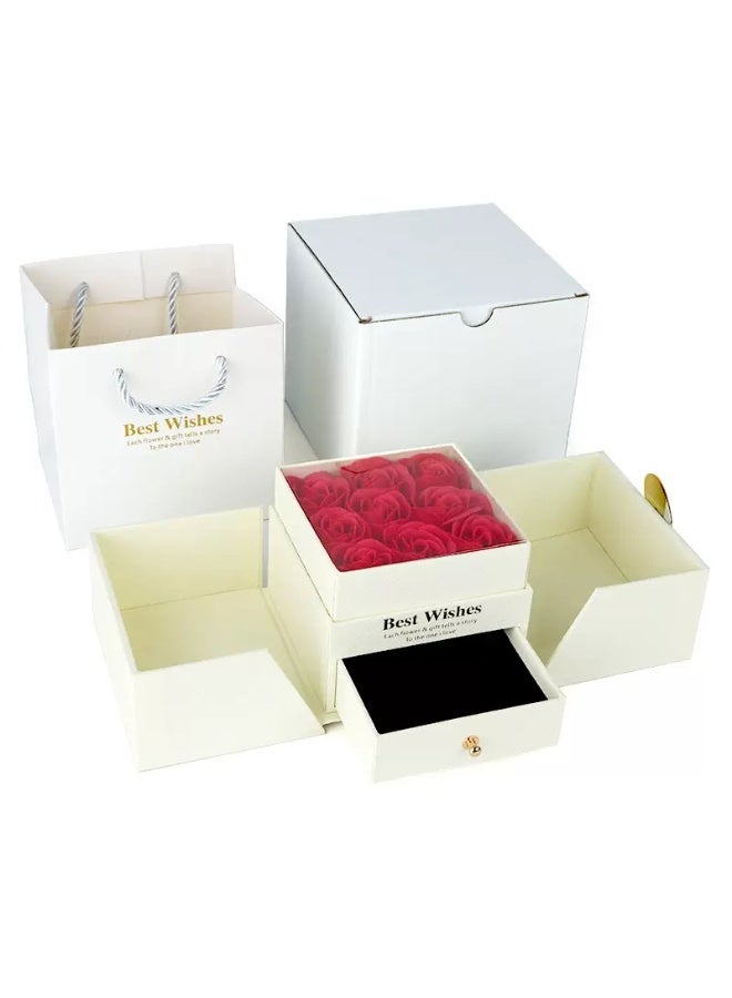 JAYATO Valentine's Day Double-Opening 9 Roses Flower Gift Box for Jewelry Ring, Stud Earrings, Necklace, Pendent and Jewelry Box - White Box (with flowers) + Handbag - Image 1